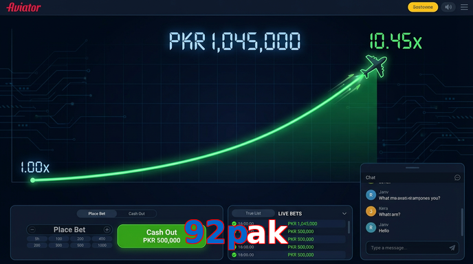 Main screen of 92Pak aviator page for PK players